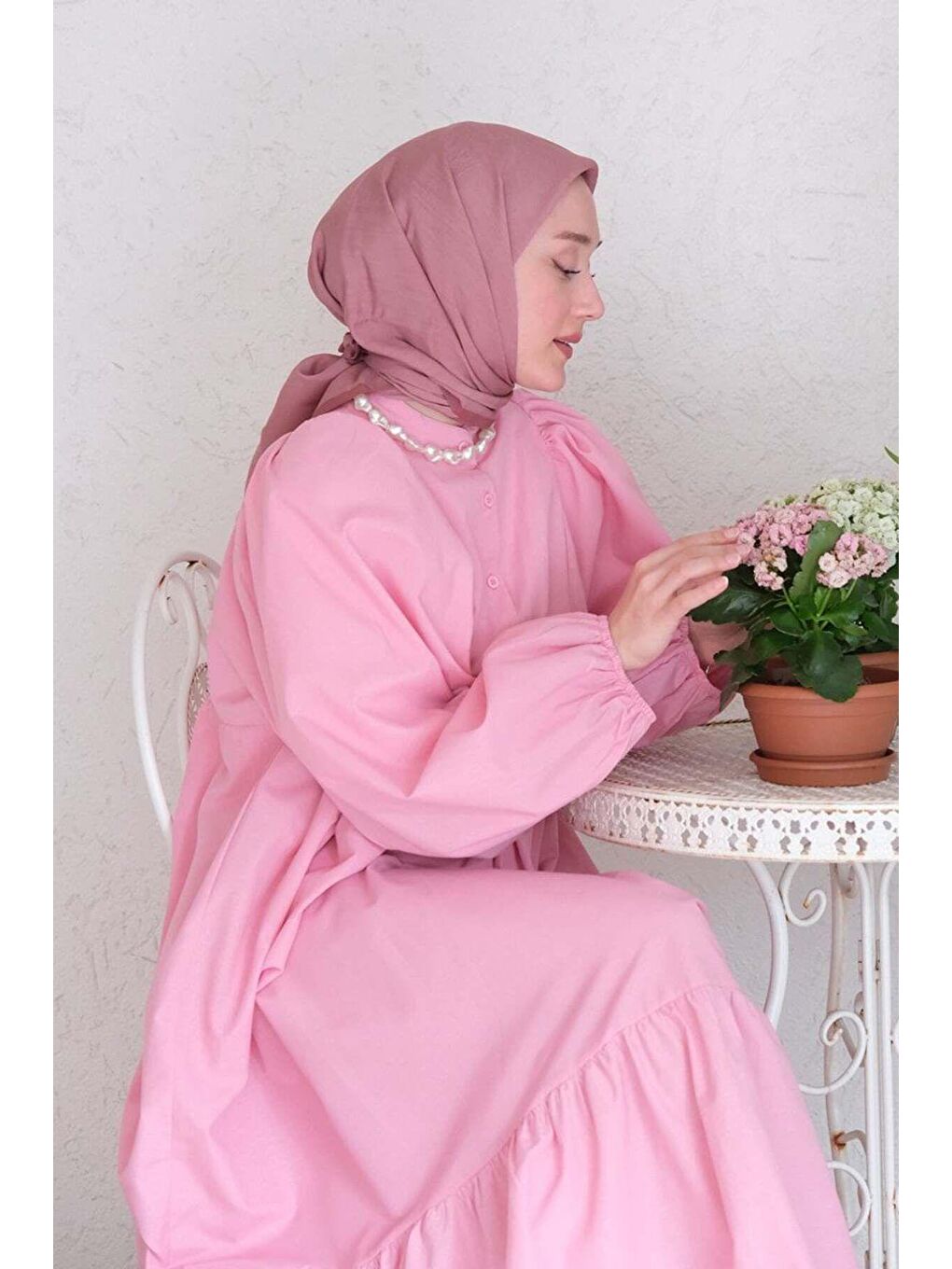 CEYLAN OTANTİK Pembe Soft Pembe Önü Düğmeli Elbise - 5