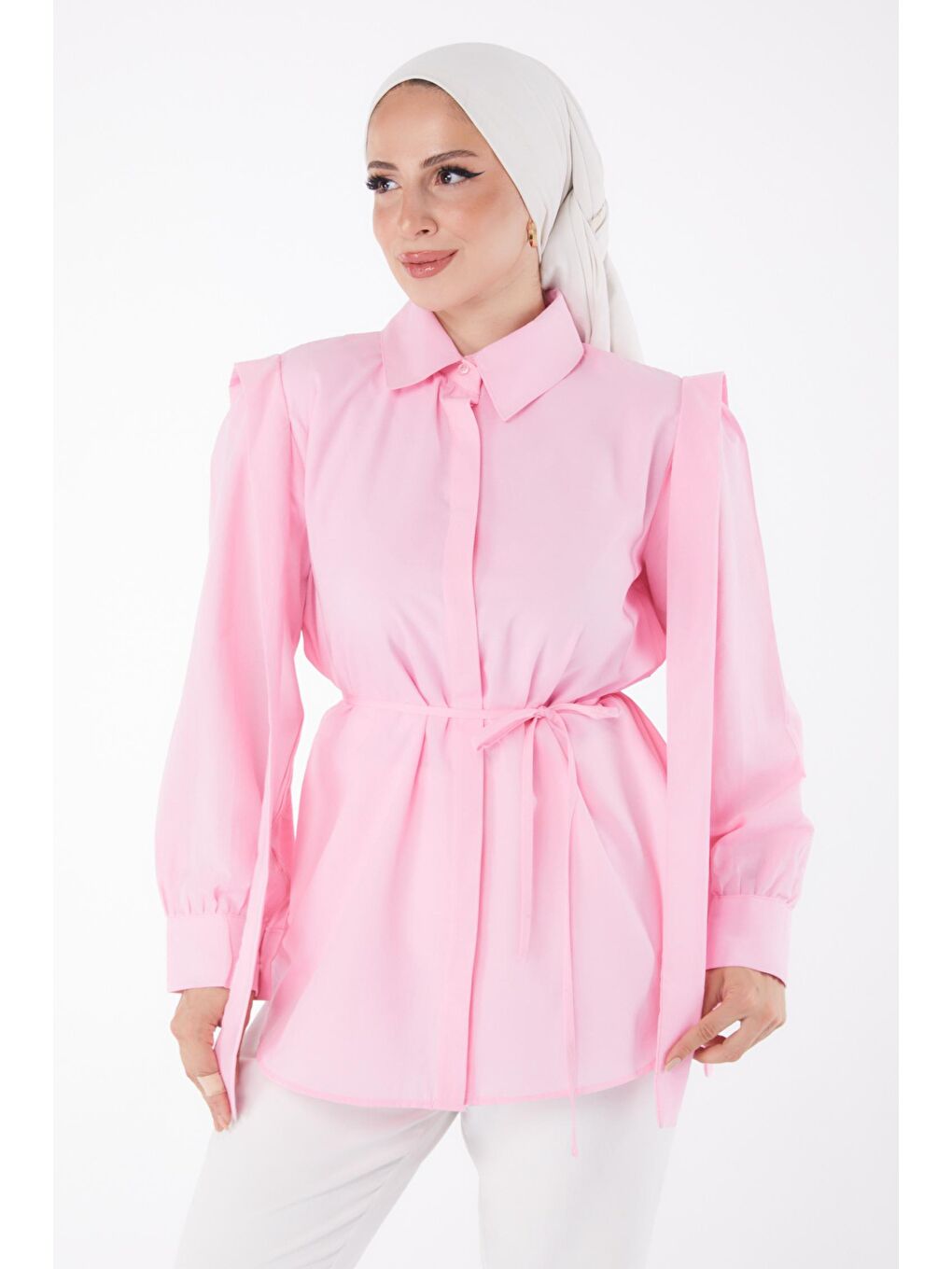 TOFİSA Pembe Düz Gömlek Yaka Kadın Pembe Bağcıklı Tunik - 25552 - 1