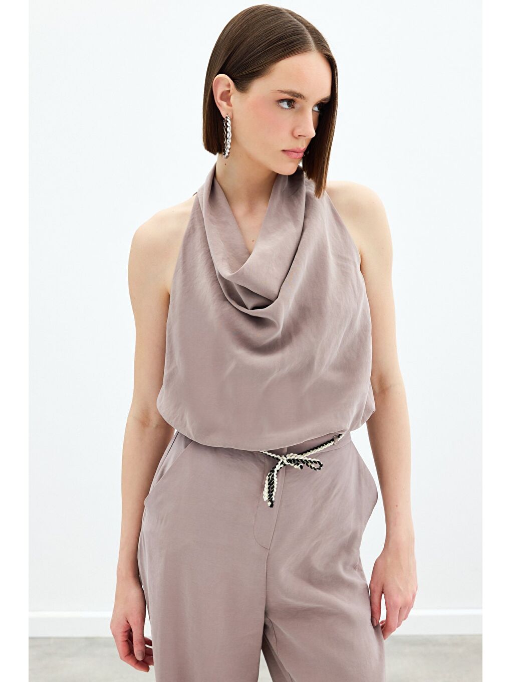 Bej Degaje Yaka Bluz - Vizon-3