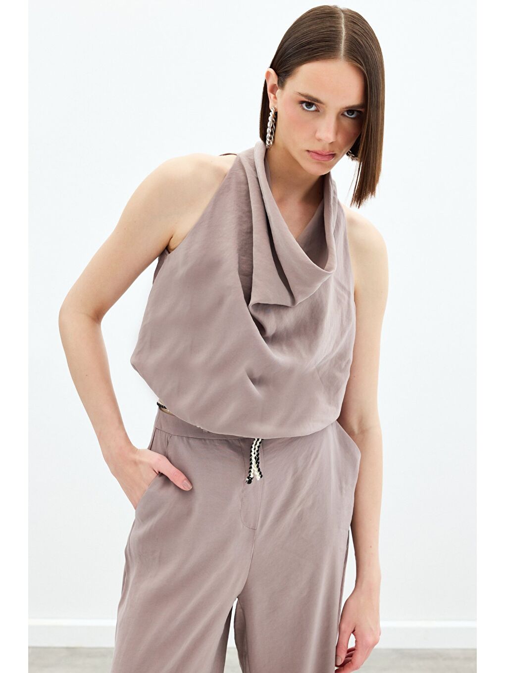 Bej Degaje Yaka Bluz - Vizon-4