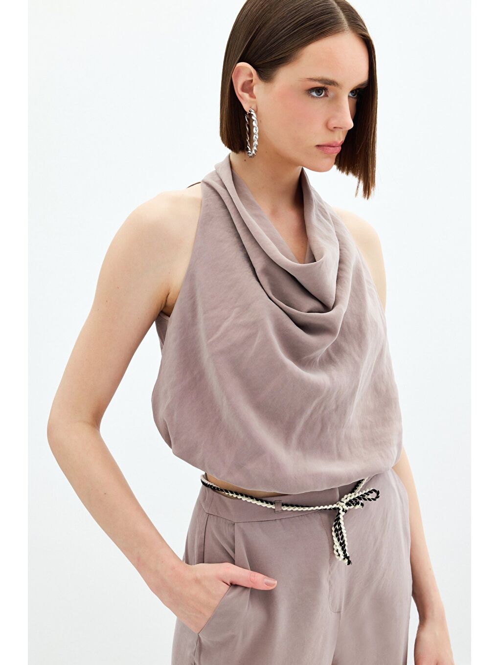 Bej Degaje Yaka Bluz - Vizon-5