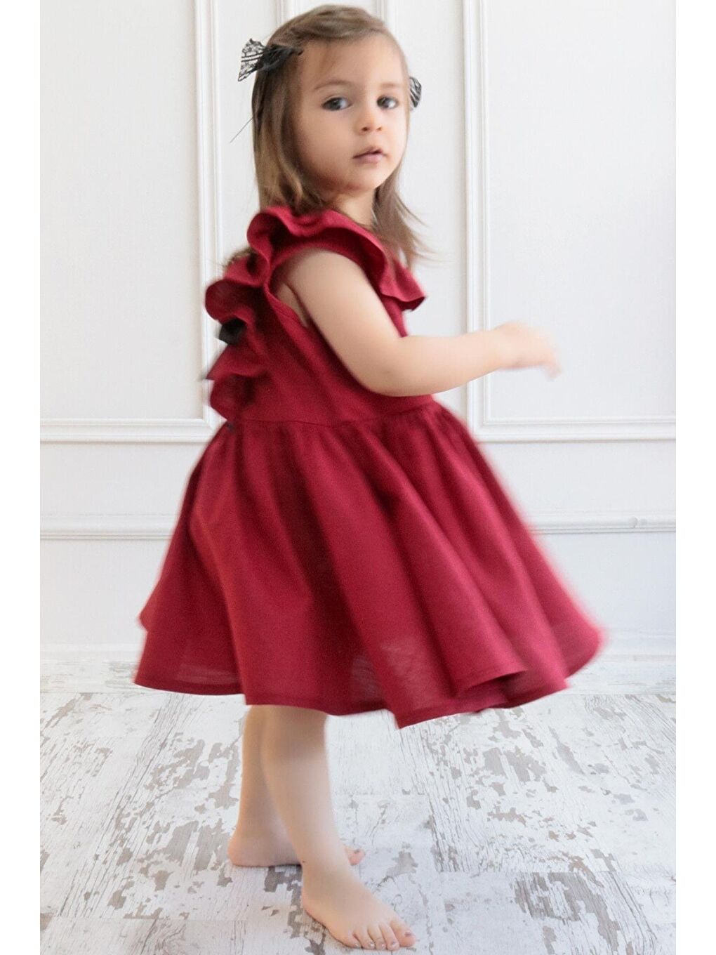 Kız Bebek Bordo Cherry Fiyonklu Fırfırlı Elbise Toka Takım-2