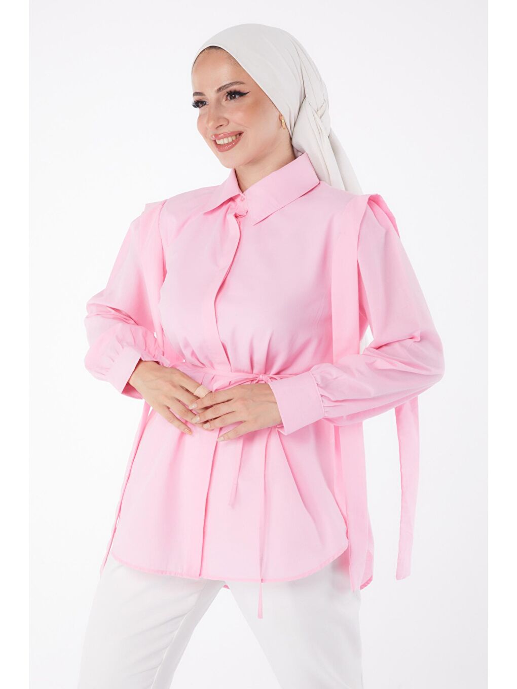 TOFİSA Pembe Düz Gömlek Yaka Kadın Pembe Bağcıklı Tunik - 25552 - 2