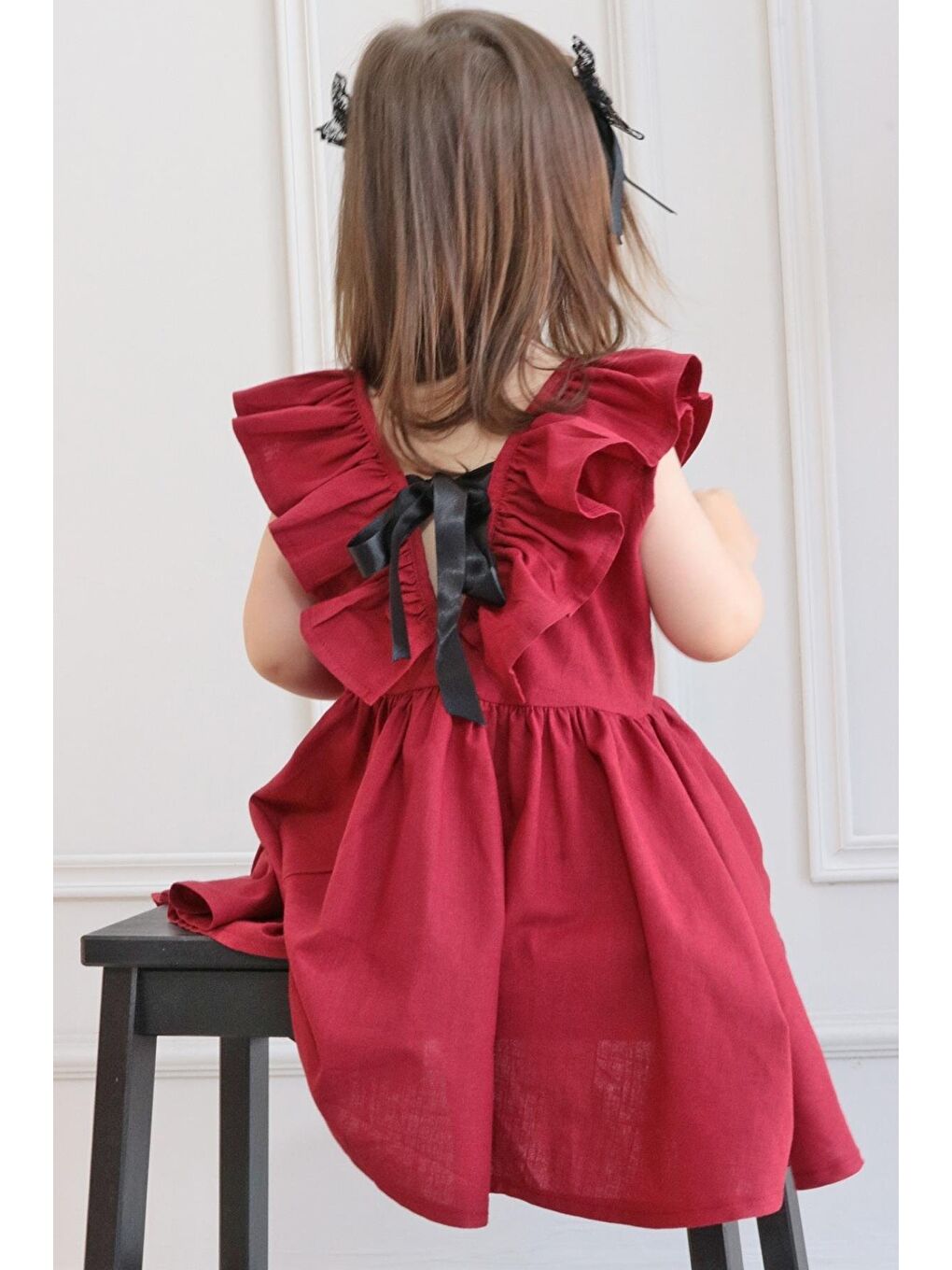 Kız Bebek Bordo Cherry Fiyonklu Fırfırlı Elbise Toka Takım-3