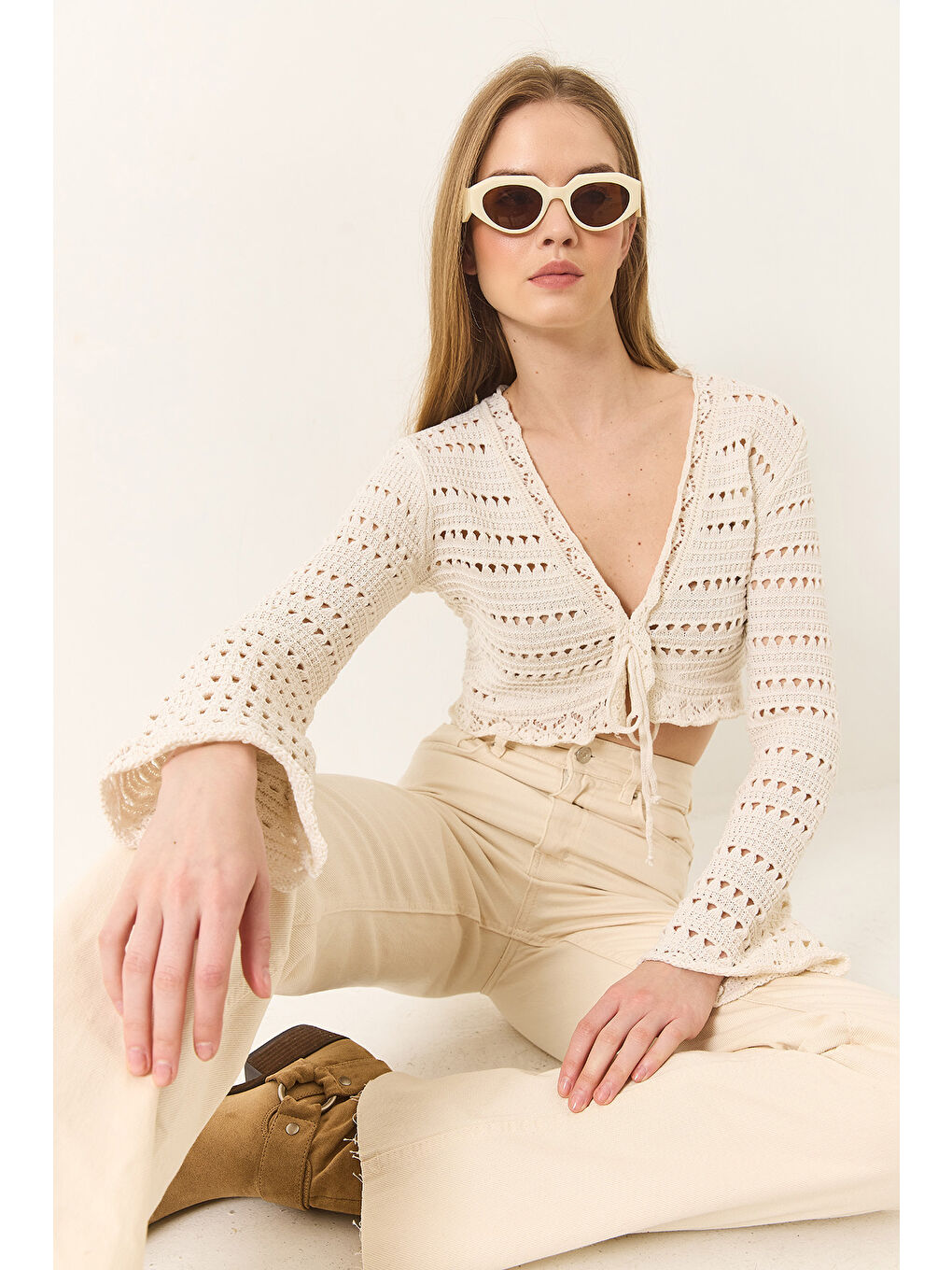 Ekru Kadın Ajurlu Rustik Bluz-1