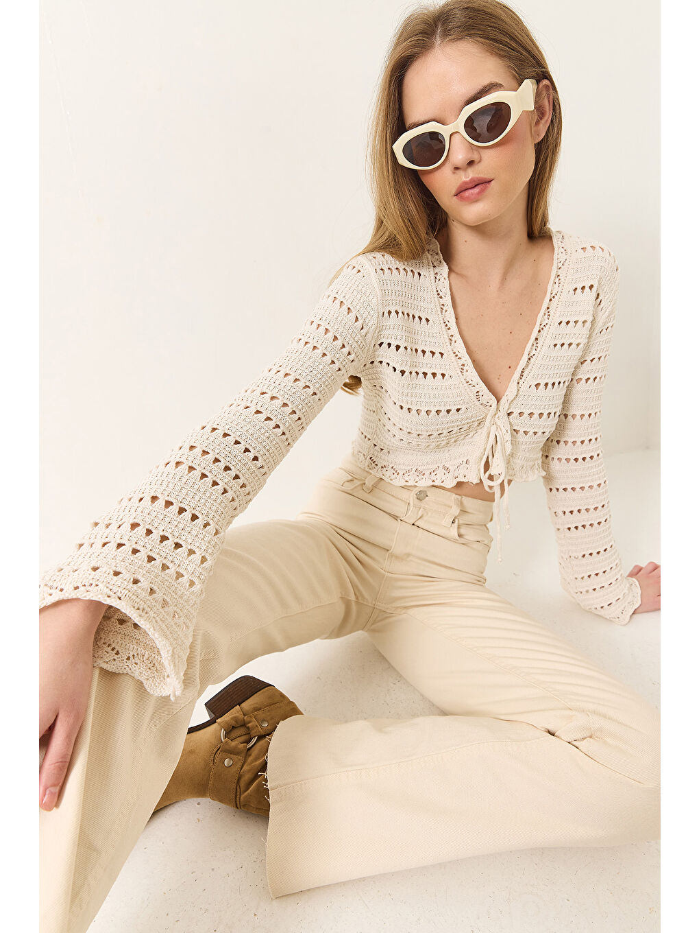 Ekru Kadın Ajurlu Rustik Bluz-2