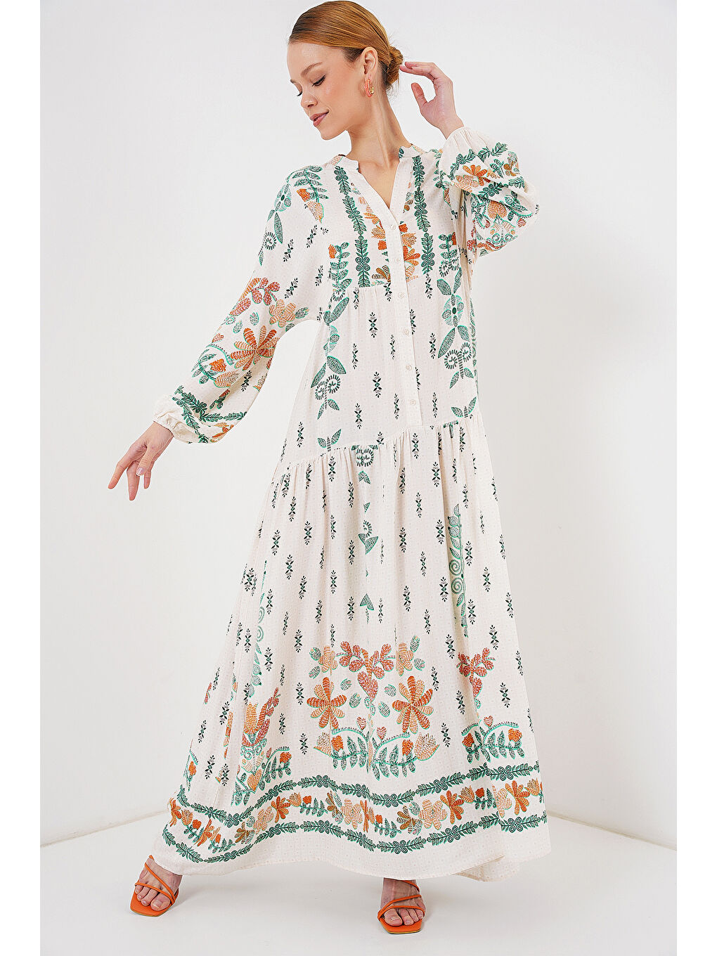 2423 Otantik Desenli Tesettür Elbise - Yeşil 10