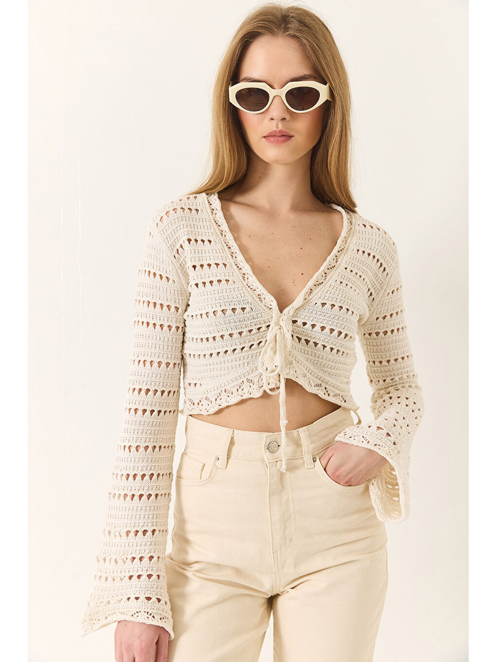 Ekru Kadın Ajurlu Rustik Bluz-3