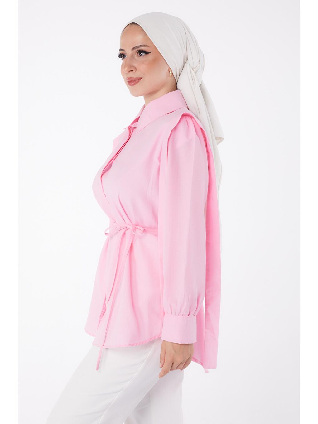 TOFİSA Pembe Düz Gömlek Yaka Kadın Pembe Bağcıklı Tunik - 25552 - 3