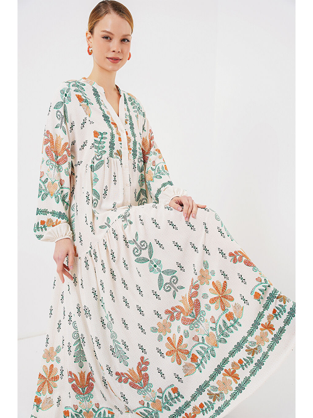 2423 Otantik Desenli Tesettür Elbise - Yeşil 10-1