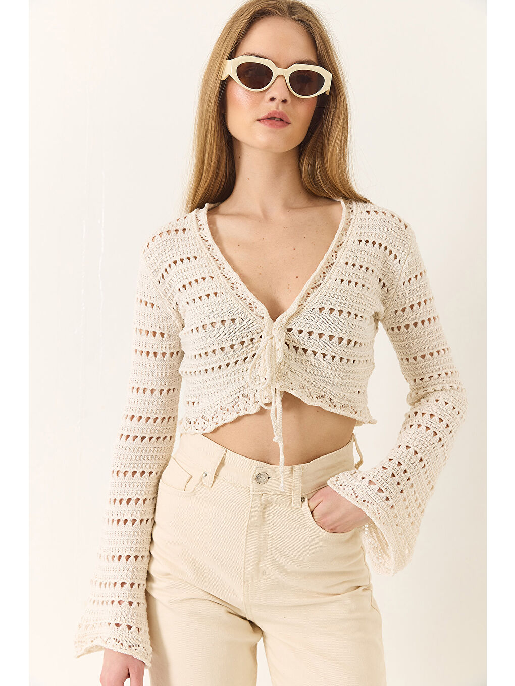 Ekru Kadın Ajurlu Rustik Bluz-4