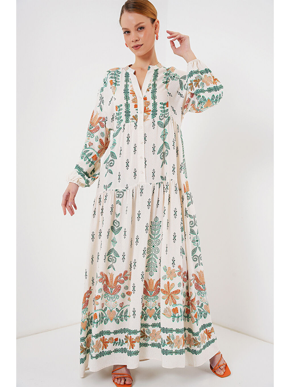 2423 Otantik Desenli Tesettür Elbise - Yeşil 10-2