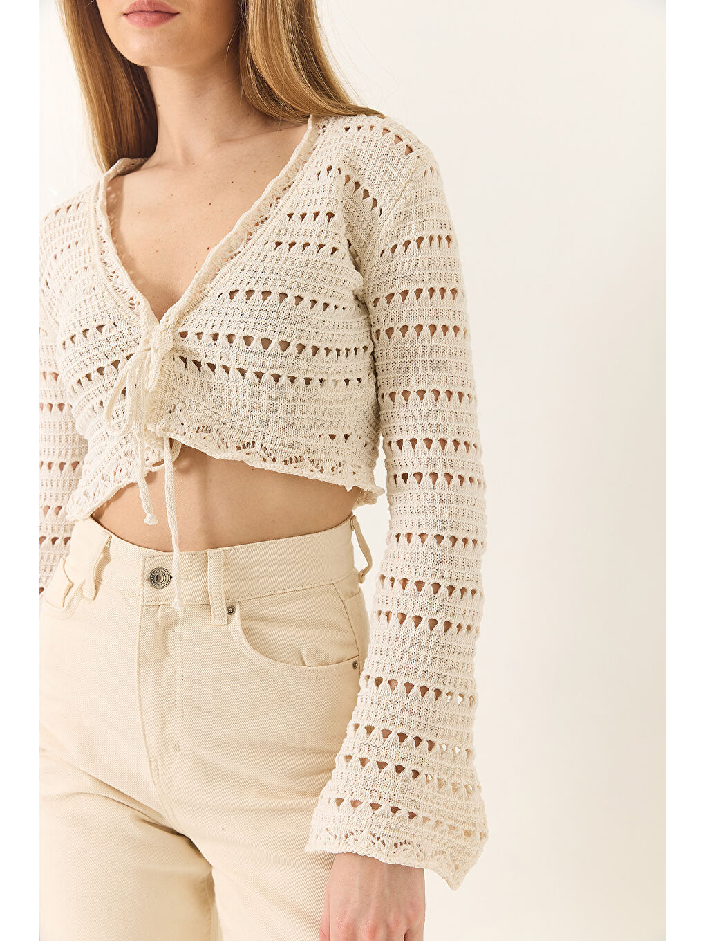 Ekru Kadın Ajurlu Rustik Bluz-5