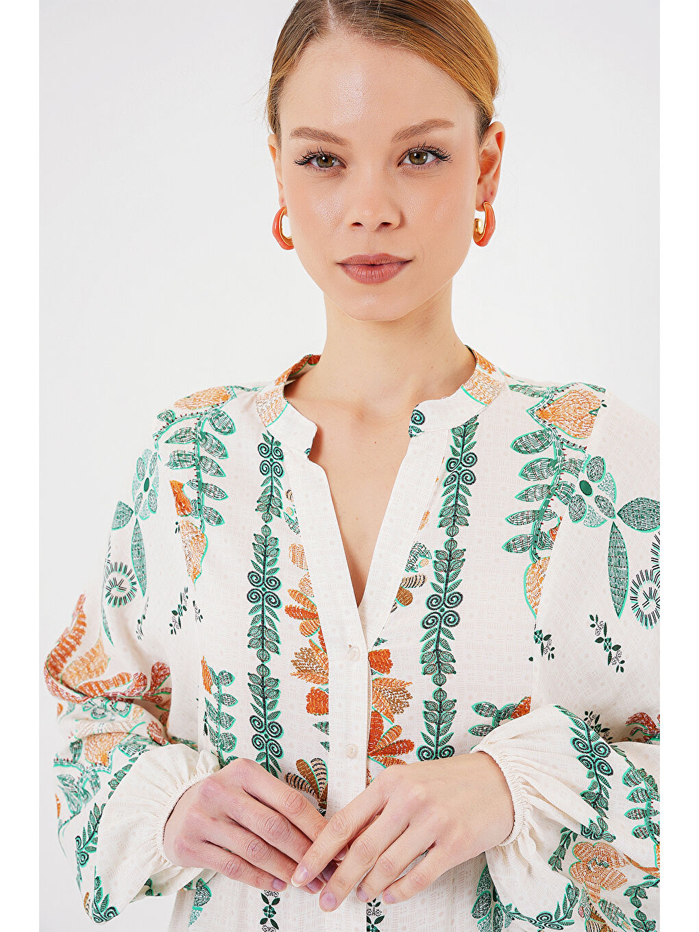 2423 Otantik Desenli Tesettür Elbise - Yeşil 10-3