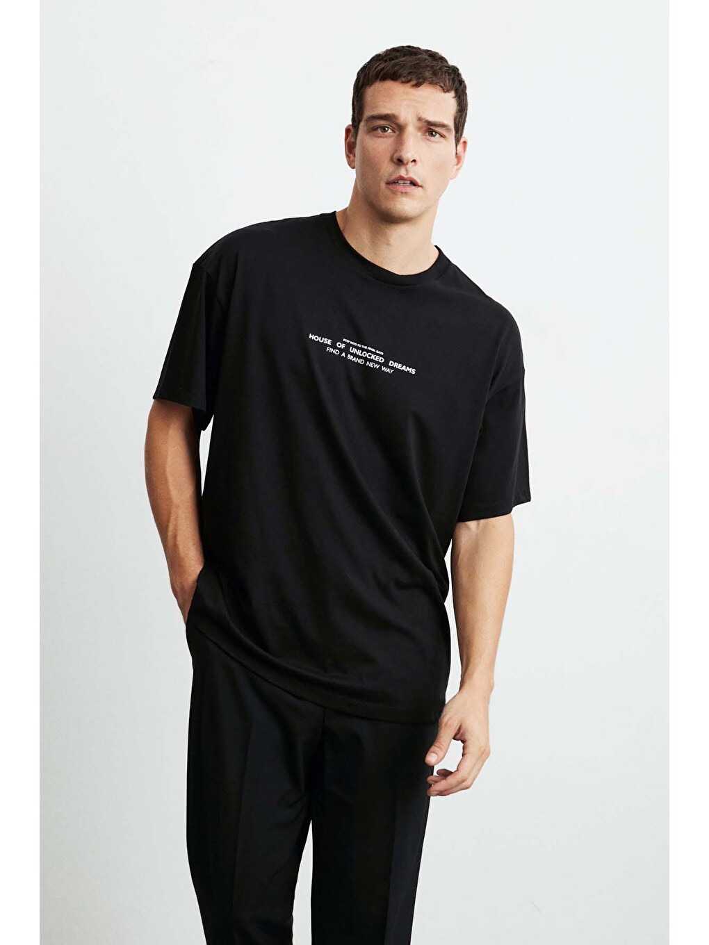 Frank Erkek Kalın Dokulu Baskı Detaylı Oversize &100 Organik Pamuklu Siyah T-shirt
