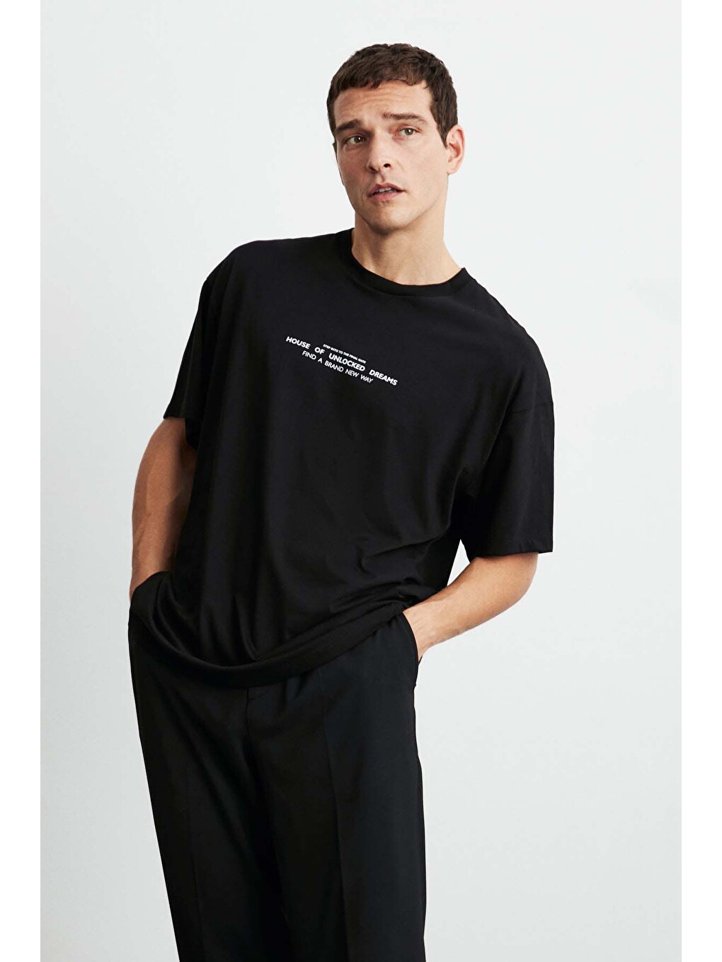 Frank Erkek Kalın Dokulu Baskı Detaylı Oversize &100 Organik Pamuklu Siyah T-shirt-1