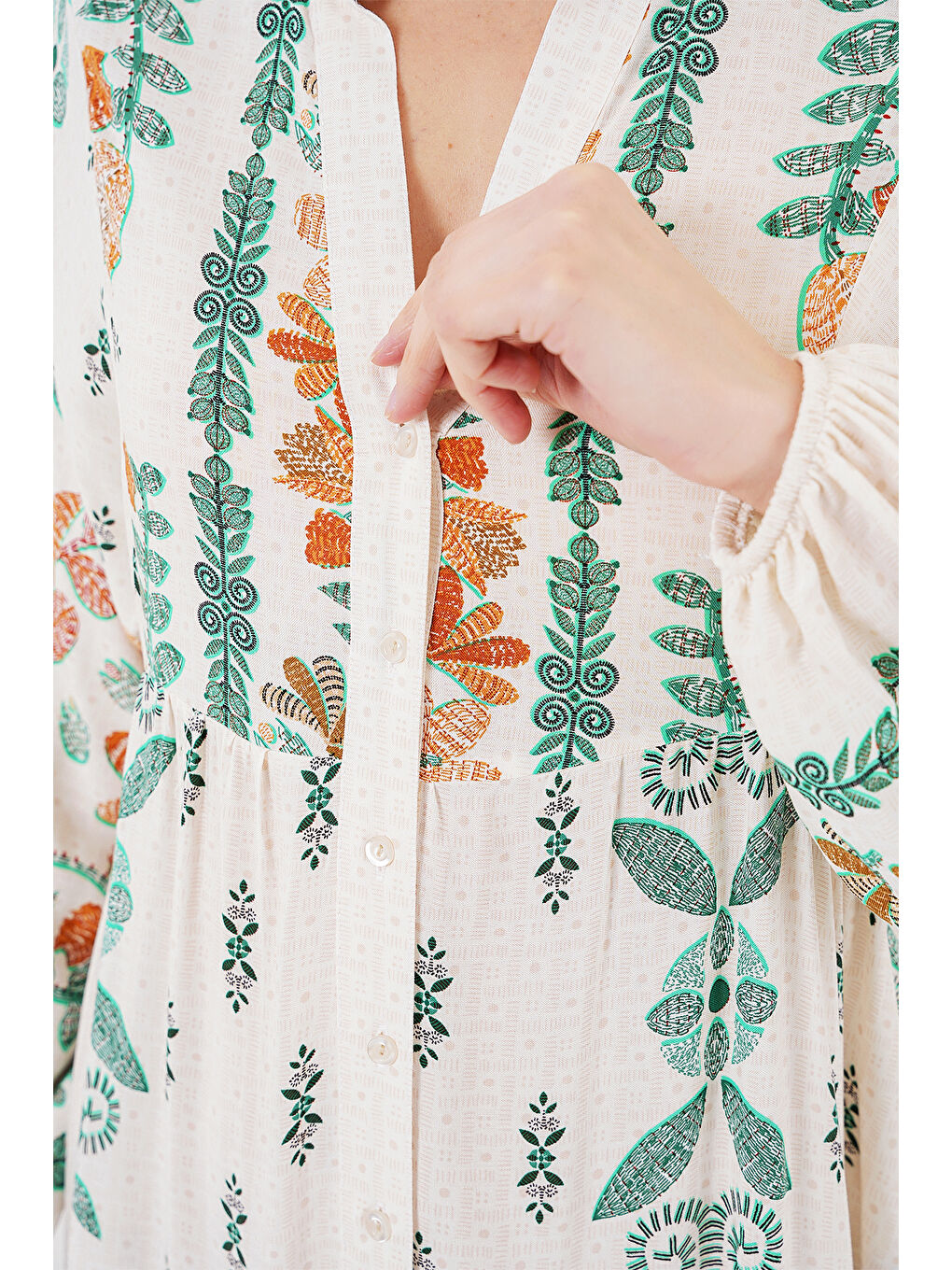 2423 Otantik Desenli Tesettür Elbise - Yeşil 10-4