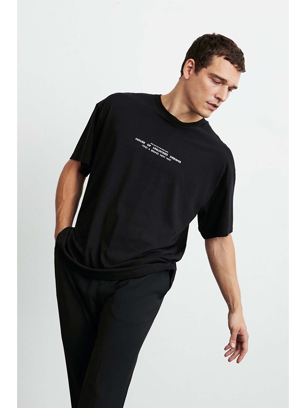 Frank Erkek Kalın Dokulu Baskı Detaylı Oversize &100 Organik Pamuklu Siyah T-shirt-2
