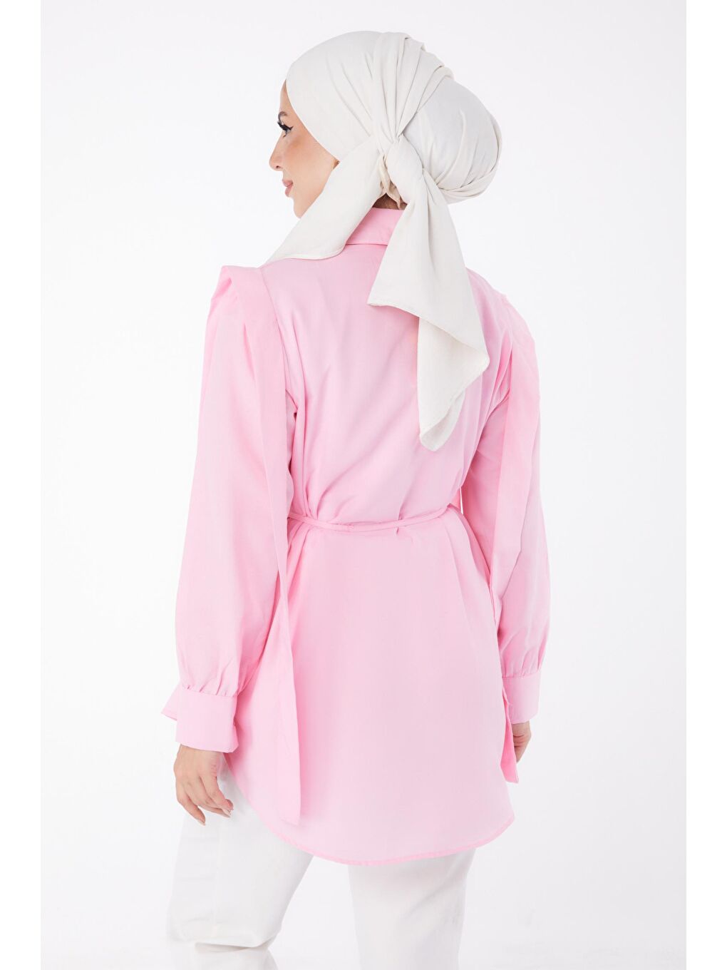 TOFİSA Pembe Düz Gömlek Yaka Kadın Pembe Bağcıklı Tunik - 25552 - 4