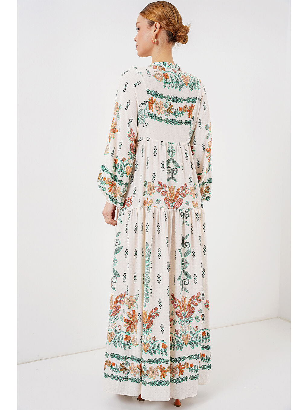 2423 Otantik Desenli Tesettür Elbise - Yeşil 10-5