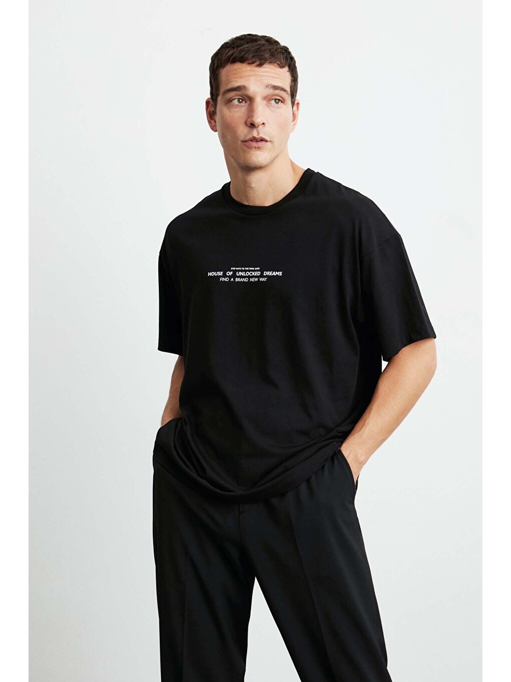 Frank Erkek Kalın Dokulu Baskı Detaylı Oversize &100 Organik Pamuklu Siyah T-shirt-5