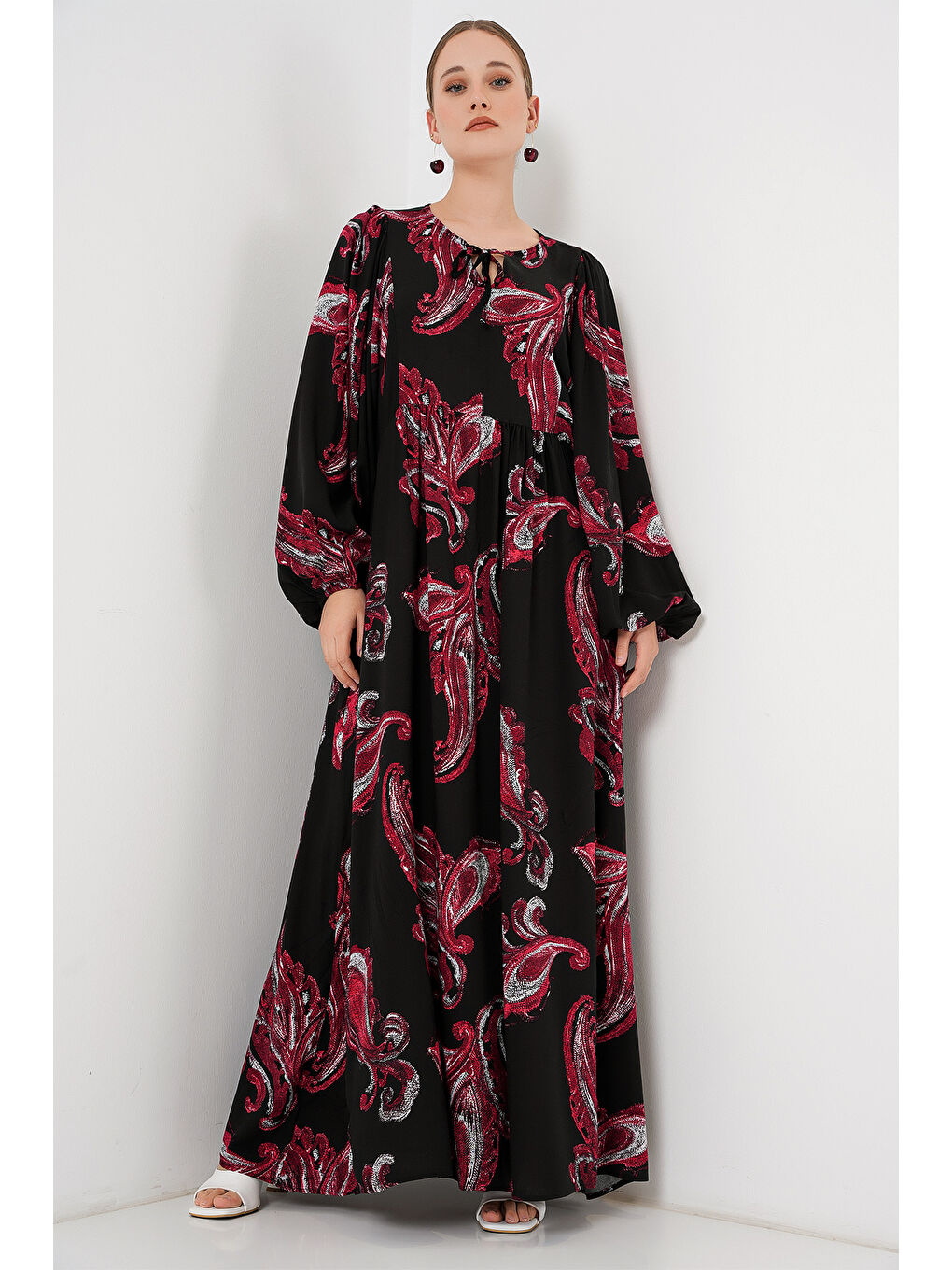 Kadın Balon Kol Uzun Tesettür Elbise 2464 - Y.Kırmızı