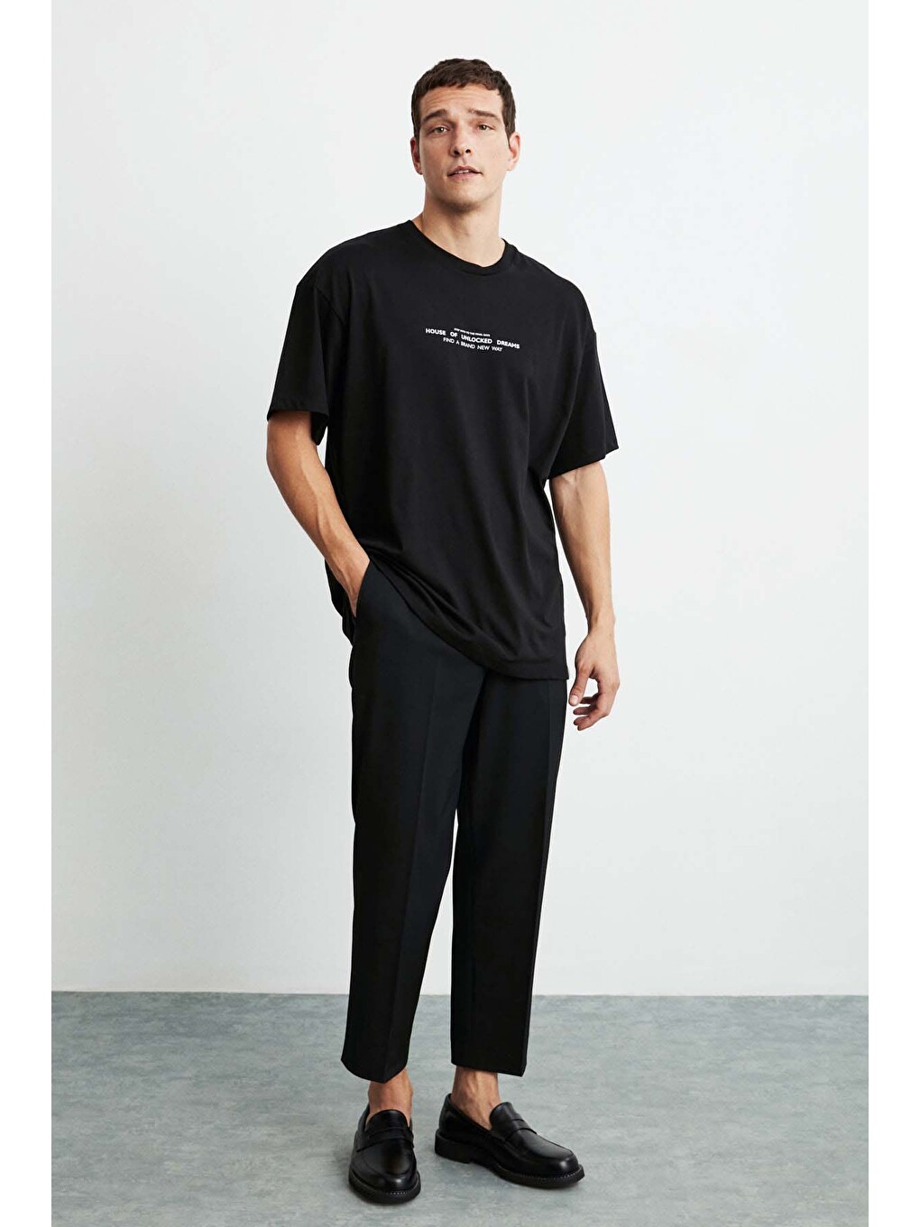 Frank Erkek Kalın Dokulu Baskı Detaylı Oversize &100 Organik Pamuklu Siyah T-shirt-6