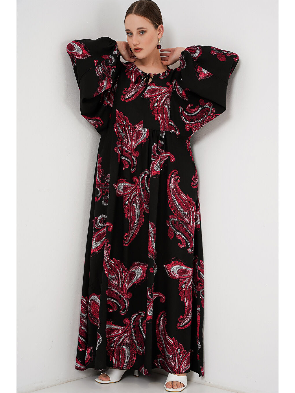 Kadın Balon Kol Uzun Tesettür Elbise 2464 - Y.Kırmızı-1