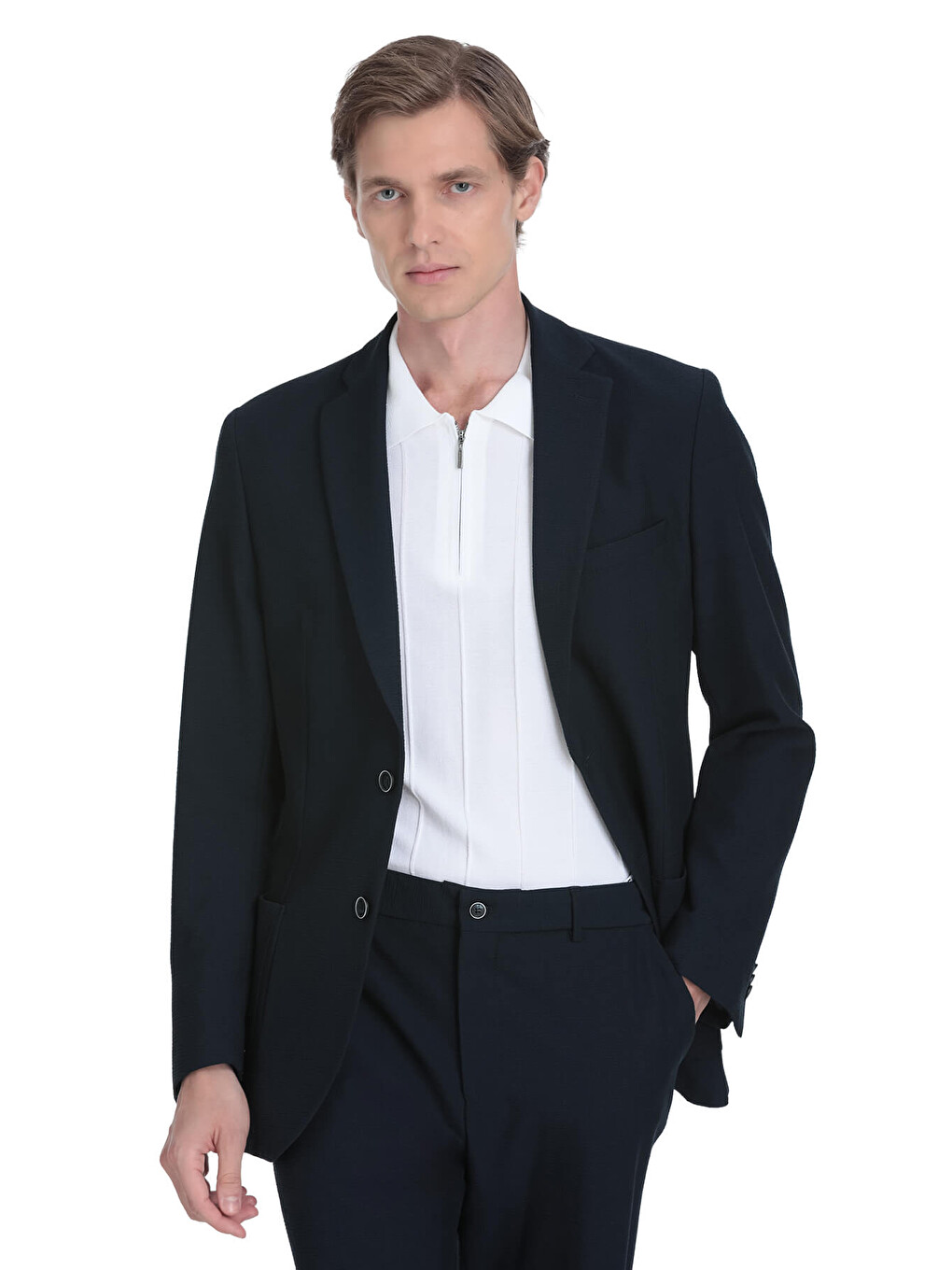 Lacivert Slim Fit Mono Yaka Casual Takım Elbise-3