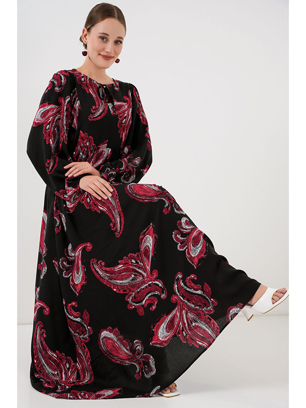 Kadın Balon Kol Uzun Tesettür Elbise 2464 - Y.Kırmızı-2