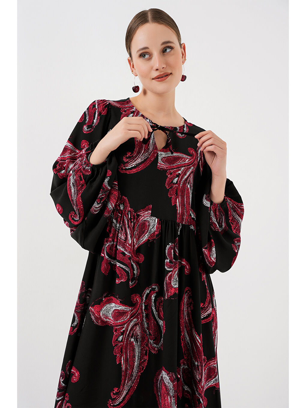 Kadın Balon Kol Uzun Tesettür Elbise 2464 - Y.Kırmızı-3