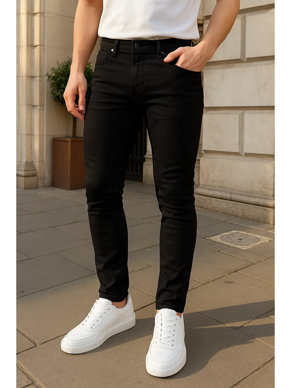 Erkek Pamuklu Dar Siyah Jean Pantolon-1