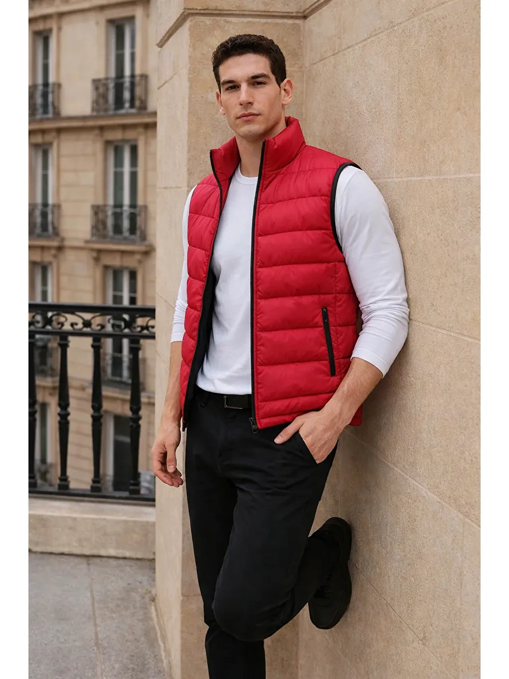 Erkek Kışlık Cepli Trend Fermuarlı Kırmızı Şişme Yelek-2