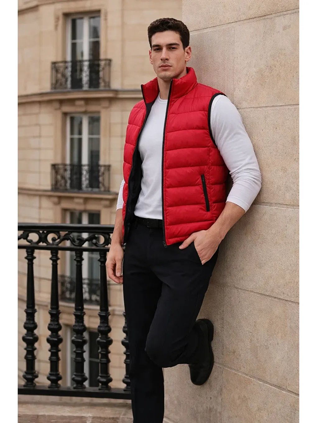Erkek Kışlık Cepli Trend Fermuarlı Kırmızı Şişme Yelek-3