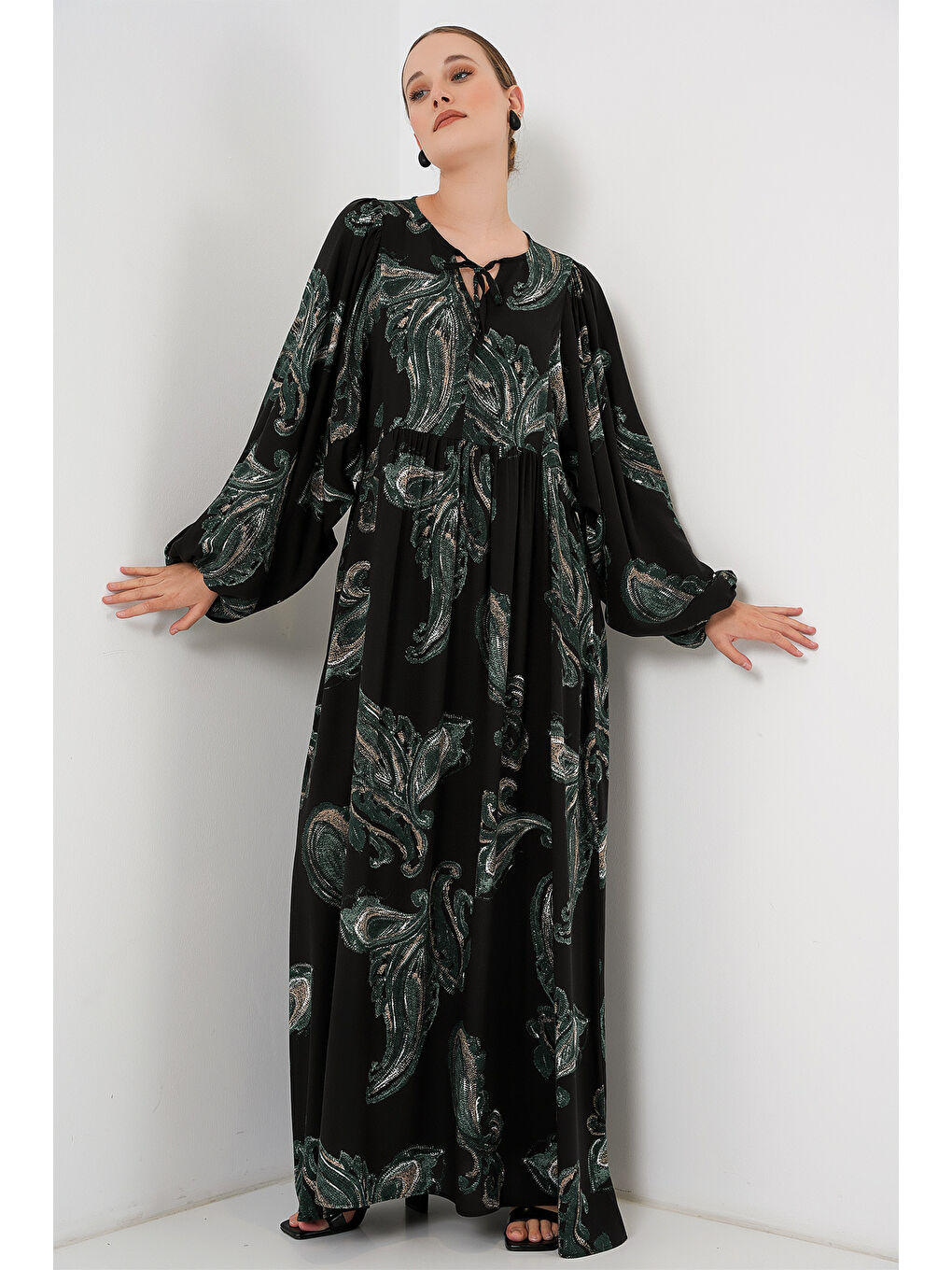 Kadın Balon Kol Uzun Tesettür Elbise 2464 - Y.Yeşil-1