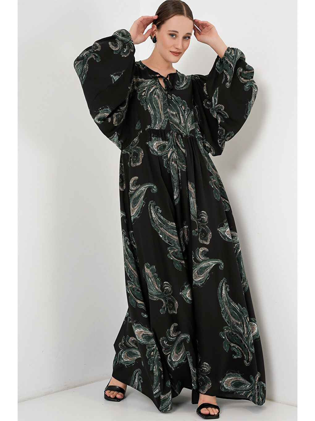 Kadın Balon Kol Uzun Tesettür Elbise 2464 - Y.Yeşil-2