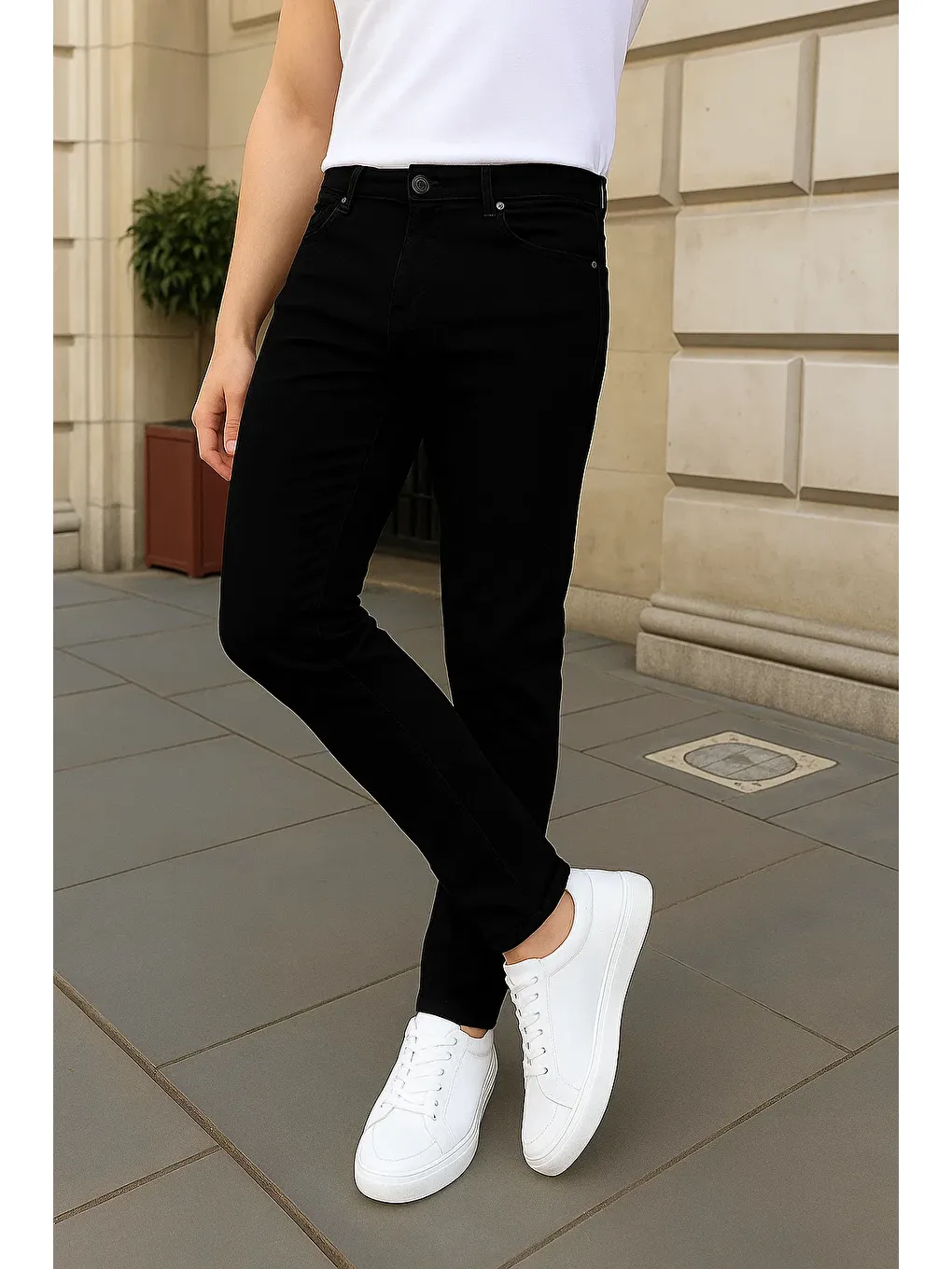 Erkek Pamuklu Dar Siyah Jean Pantolon-3