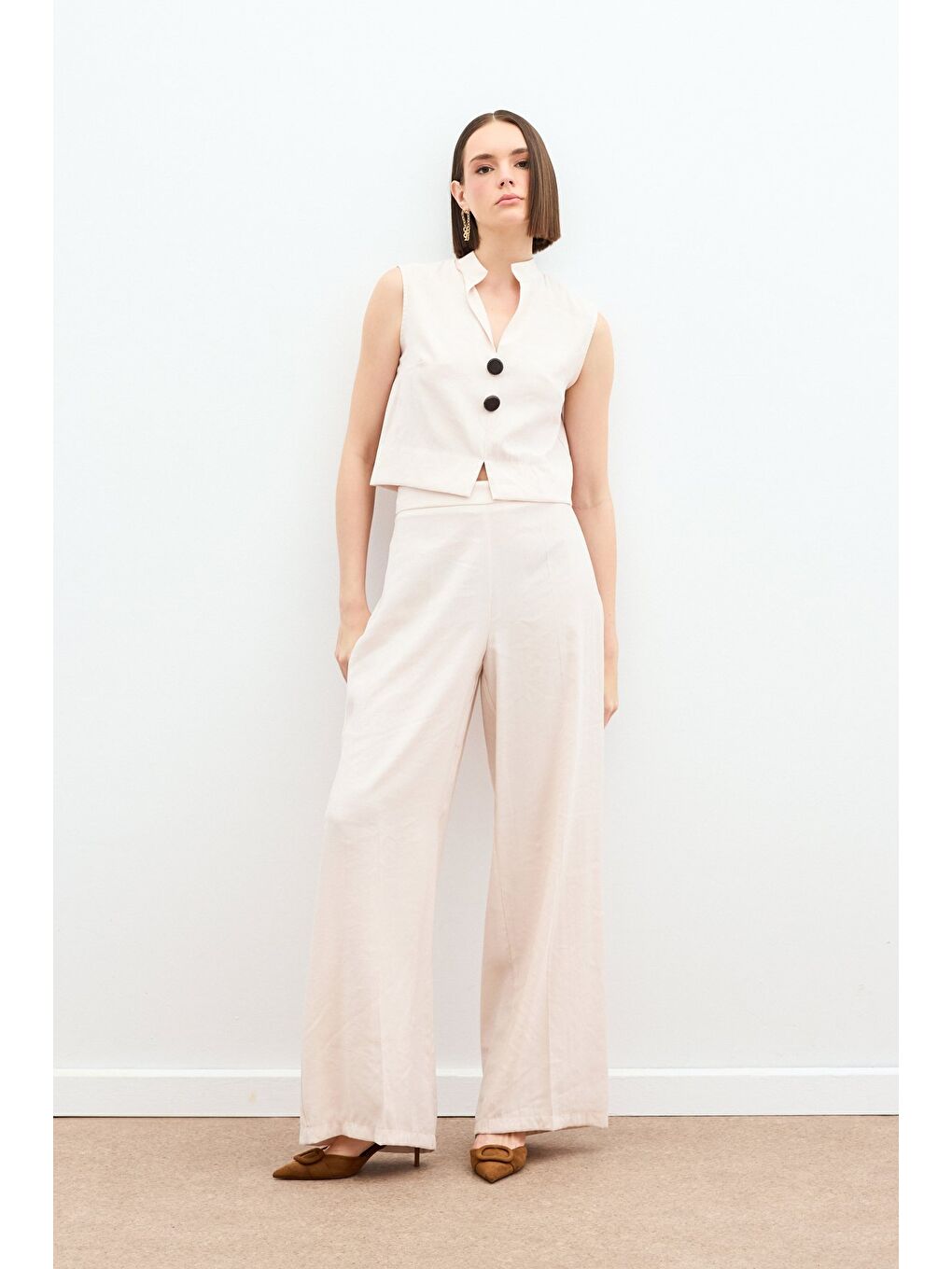 Bej Yüksek Bel Keten Pantolon - Taş-1