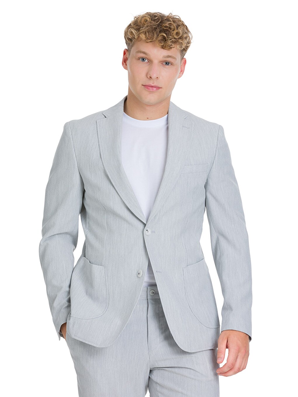 Gri Slim Fit Çizgili Mono Yaka Takım Elbise-1