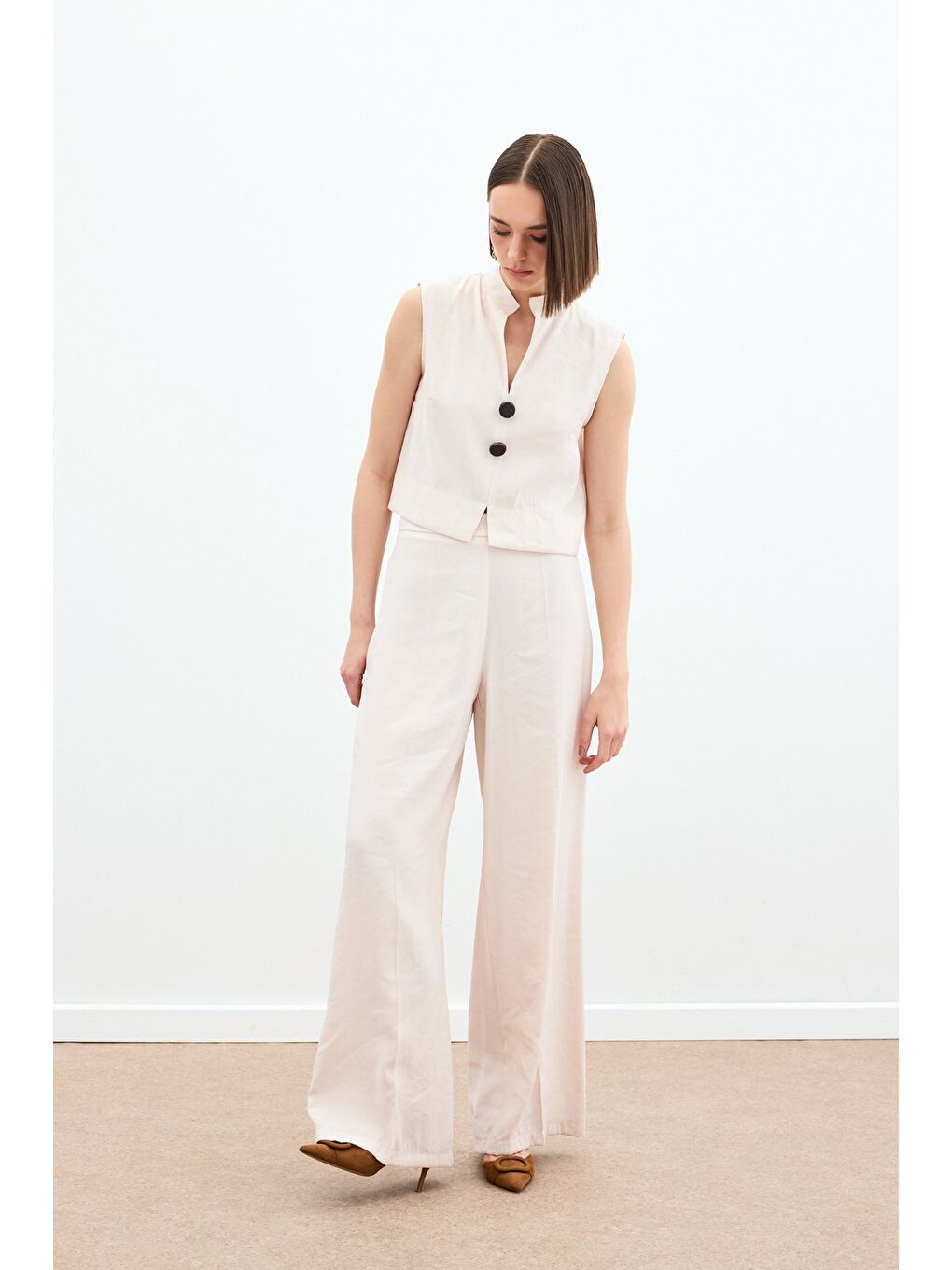 Bej Yüksek Bel Keten Pantolon - Taş-2