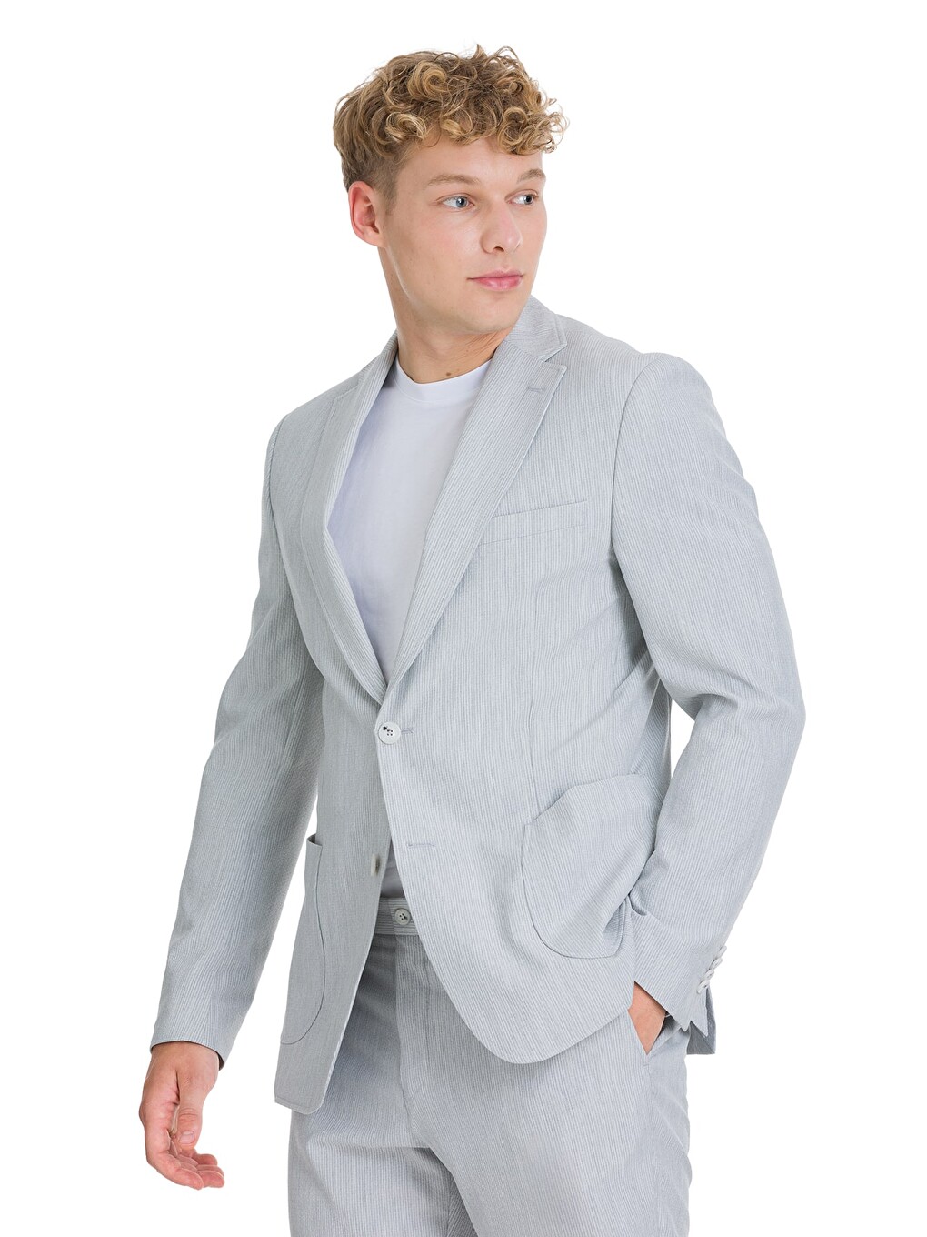 Gri Slim Fit Çizgili Mono Yaka Takım Elbise-2