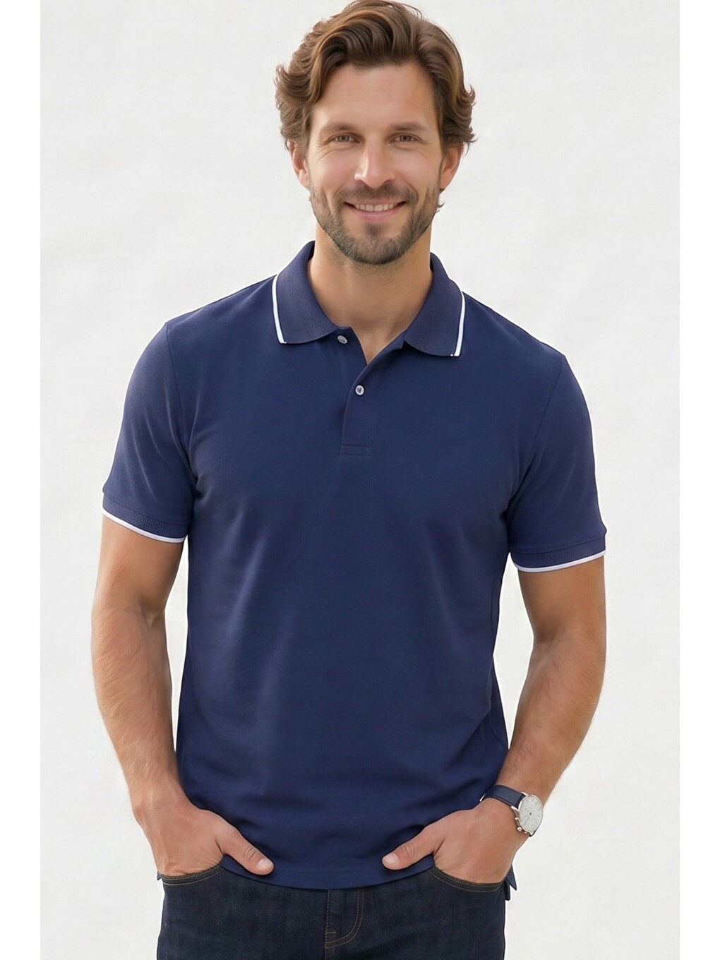 Erkek Regular Fit Klasik Kesim %100 Pamuk Kısa Kollu Çizgi Detaylı Lacivert Polo Yaka Tişört