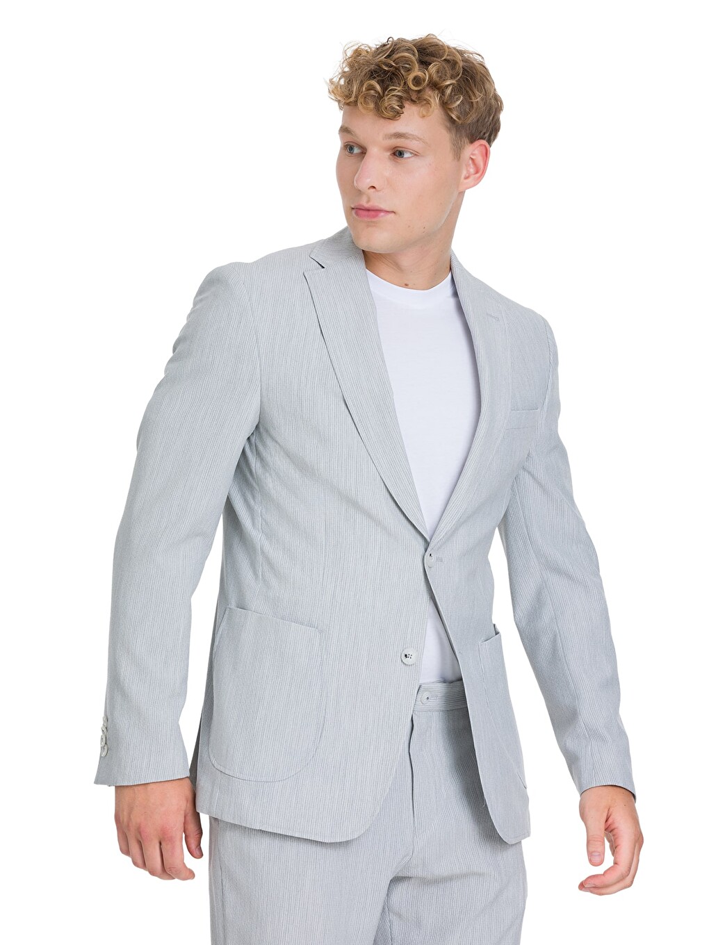 Gri Slim Fit Çizgili Mono Yaka Takım Elbise-3