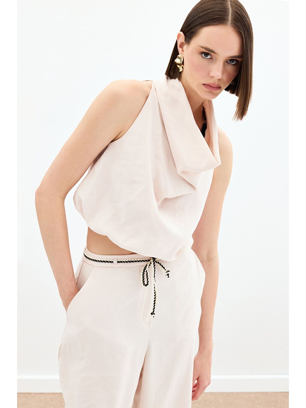 Degaje Yaka Bluz - Bej-5