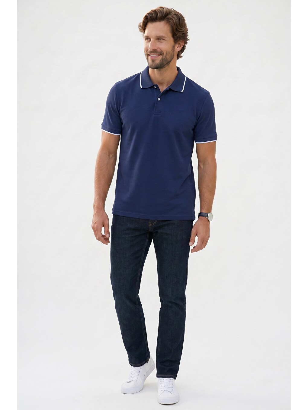 Erkek Regular Fit Klasik Kesim %100 Pamuk Kısa Kollu Çizgi Detaylı Lacivert Polo Yaka Tişört-1