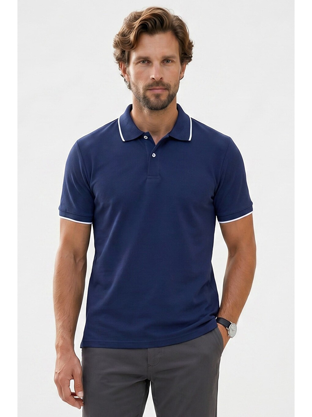 Erkek Regular Fit Klasik Kesim %100 Pamuk Kısa Kollu Çizgi Detaylı Lacivert Polo Yaka Tişört-2