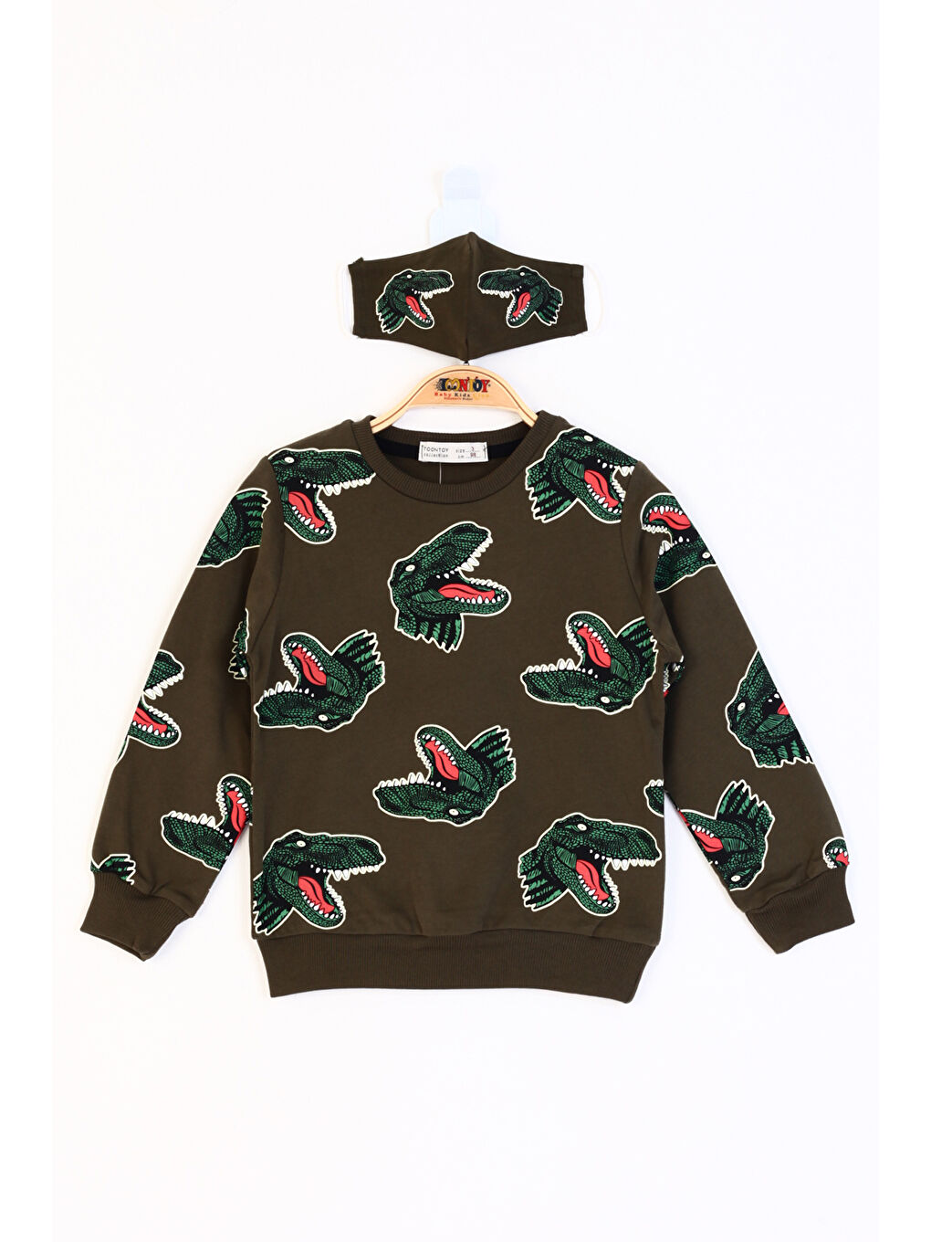 Haki Erkek Çocuk Dinozor Baskılı Sweatshirt-1