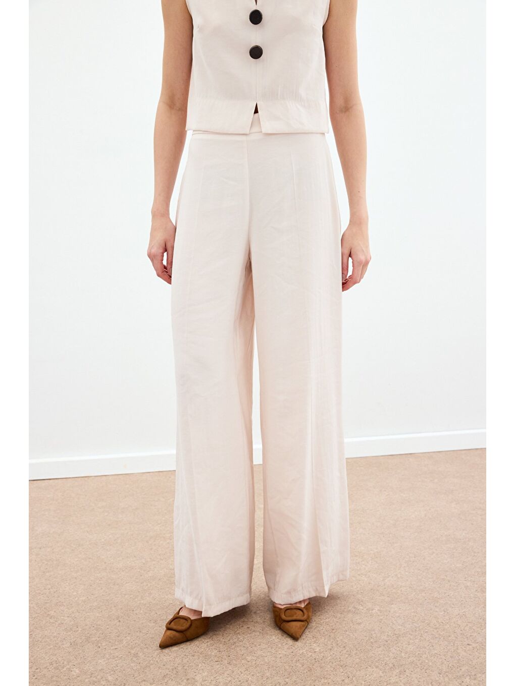 Bej Yüksek Bel Keten Pantolon - Taş-5