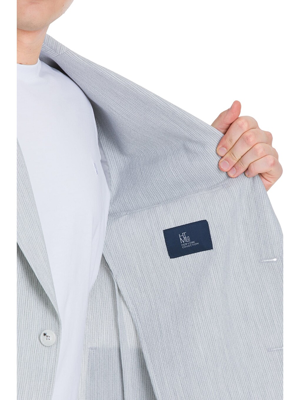 Gri Slim Fit Çizgili Mono Yaka Takım Elbise-4