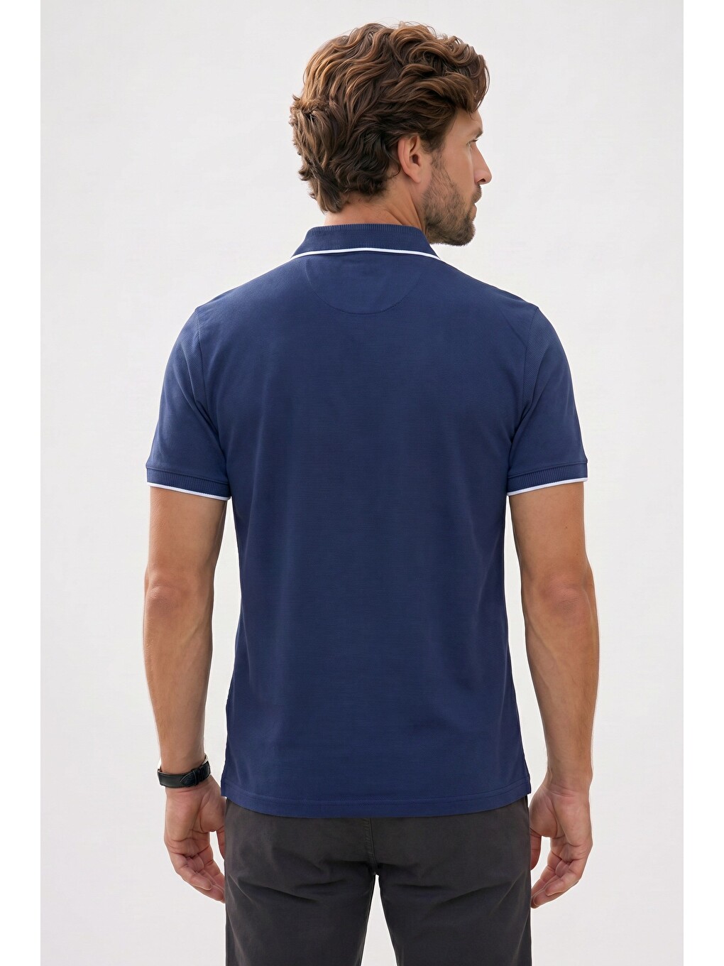 Erkek Regular Fit Klasik Kesim %100 Pamuk Kısa Kollu Çizgi Detaylı Lacivert Polo Yaka Tişört-5